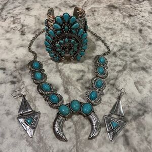Faux Turquoise Stone Silver-Tone Necklace, Cuff & Earrings Set